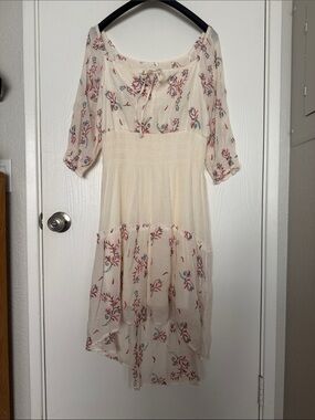 Boho Cream Midi Dress with Red & Blue Floral Print